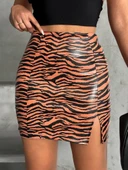 Tek yırtmaçlı zebra desenli deri etek kahvesiyah w24475-S thumbnail 1