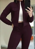 Kadın Uzun Kollu önden Fermuarlı Kısa Modal Mor Ceket Ve Pantolon Ikili Takım thumbnail 2