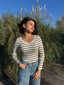 V yaka çizgili bluz beyaz A3699 thumbnail 3