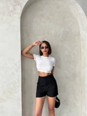 Yüksek bel parçalı double kumaş şort s25312 thumbnail 6