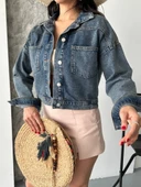 Çift cepli kol katlamalı kar yıkama crop kot ceket kahve tint d2000 thumbnail 7