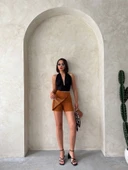 Kapaklı şort etek camel s208 thumbnail 6