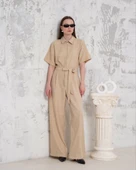 Kuşaklı gömlek yaka salaş tulum bej s255822 thumbnail 6
