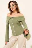 Omzu Açık Fermuarlı Bluz haki T4330 thumbnail 1