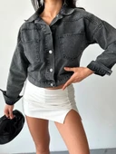 Çift cepli kol katlamalı süper taş enzim yıkama crop kot ceket füme d2000 thumbnail 5