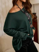 Kadın Tek Omuzdan Açık Yarasa Kollu Waffle Bluz thumbnail 3