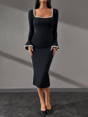 Biyeli midi boy elbise siyah A3718 thumbnail 3