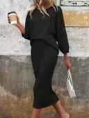 Kadın Uzun Kollu Yuvarlak Yakalı şardonlu Kaşkorse Bluz Ve Etek Ikili Takım thumbnail 1