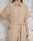 Kuşaklı gömlek yaka salaş tulum bej s255822 thumbnail 4