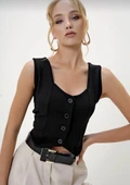 Krep kumaş düğmeli yelek siyah s3395 thumbnail 2