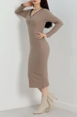 Fermuar detaylı fitilli şardonlu elbise bej a3178 thumbnail 6