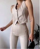 İki düğmeli deri yelek krem s243001 thumbnail 2