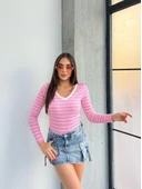 V yaka çizgili bluz pembe A3699 thumbnail 5