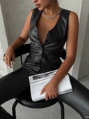 Kaplama düğmeli deri yelek siyah s24398 thumbnail 5