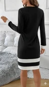 Kadın Uzun Kollu Yuvarlak Yaka Etek Ucu şerit Detaylı Mini Siyah Beyaz Dalgıç Elbise thumbnail 3