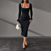 Biyeli midi boy elbise siyah A3718 thumbnail 4