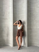 Volanlı keten şort kahve s255058 thumbnail 6