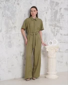 Kuşaklı gömlek yaka salaş tulum haki s255822 thumbnail 1