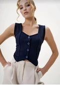 Krep kumaş düğmeli yelek lacivert s3395 thumbnail 1