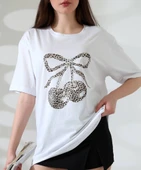 Leopar desenli kiraz baskılı tişört thumbnail 3