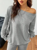 Kadın Uzun Kollu Tek Omuzdan Açık Iki Iplik Bluz Ve Pantolon Ikili Takım thumbnail 2