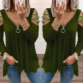 Kadın Haki Kolları Taş Işlemeli Uzun Kol Fermuarlı Viskon Bluz thumbnail 3