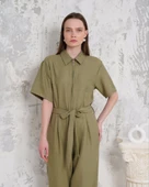 Kuşaklı gömlek yaka salaş tulum haki s255822 thumbnail 4