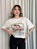 Oversize Beyaz baskılı crop tişört thumbnail 3