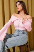 Omzu Açık Fermuarlı Bluz pembe T4330 thumbnail 3