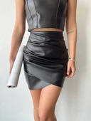 Drapeli deri etek siyah w26771 thumbnail 1