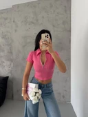 kaşkorse yaka fermuarlı bluz fuşya thumbnail 4