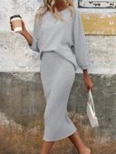 Kadın Uzun Kollu Yuvarlak Yakalı şardonlu Kaşkorse Bluz Ve Etek Ikili Takım thumbnail 1