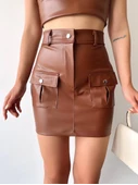 Önden iki cepli deri etek kahve h240040 thumbnail 1