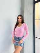 V yaka çizgili bluz pembe A3699 thumbnail 4