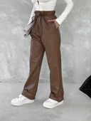 Kendinden ince kemerli deri pantolon kahve t1178 thumbnail 5