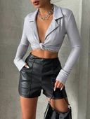 Parçalı cepli deri şort siyah w26312 thumbnail 4