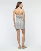 Kuşaklı çizgili mini keten elbise thumbnail 3