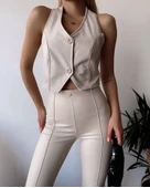 İki düğmeli deri yelek krem s243001 thumbnail 1