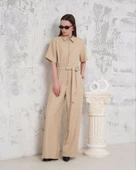 Kuşaklı gömlek yaka salaş tulum bej s255822 thumbnail 5