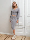 Kruvaze şardonlu etekli takım gri thumbnail 1