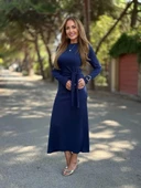 Kadın Uzun Kollu Bisiklet Yaka Yandan Bağlamalı Uzun Modal Elbise thumbnail 2