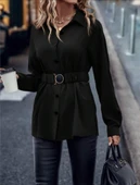 Kadın Uzun Kollu Yakalı önden Düğmeli Belden Kemerli Ithal Krep Bluz thumbnail 3