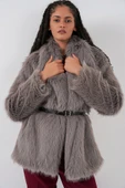 Kemerli Oversize Kürklü Kaban 9156 - Füme thumbnail 1
