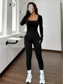 Kadın Uzun Kollu Kare Yakalı Fermuarlı Parmaktan Geçmeli Dalgıç Tulum thumbnail 4