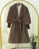 Kolu Ribanalı Şal Yaka Astarlı Kaşe Kaban     -Toprak thumbnail 1