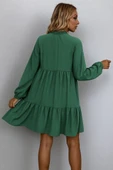 Kadın Uzun Kollu Yakadan Bağcıklı Fırfırlı Keten Mini Elbise thumbnail 4