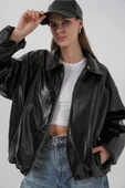 Oversize Suni Deri Ceket 1049 - Siyah thumbnail 2