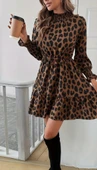 Kadın Uzun Kollu Yarı Balıkçı Yaka Leopar Desenli Modal Mini Elbise thumbnail 2