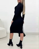 Kadın Uzun Kollu Yırtmaçlı Düğme Detaylı Midi Kaşkorse Elbise thumbnail 3