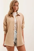 20153 Tek Cepli Oversize Keten Gömlek - A.Bej thumbnail 3
